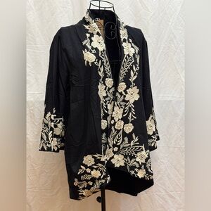 343 - Rhea Black Kimono with Cream Embroidery Details